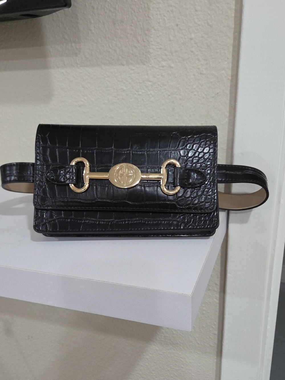 Gianni Bernoni Black Croc-Embossed Belt Bag with Gold Hardware